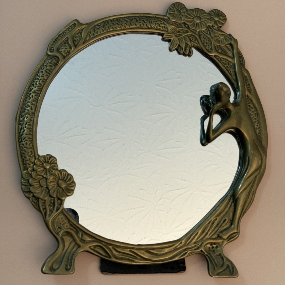 Vintage Andrea by Sadek Art Nouveau Figural Lady Tabletop Vanity Mirror Brass